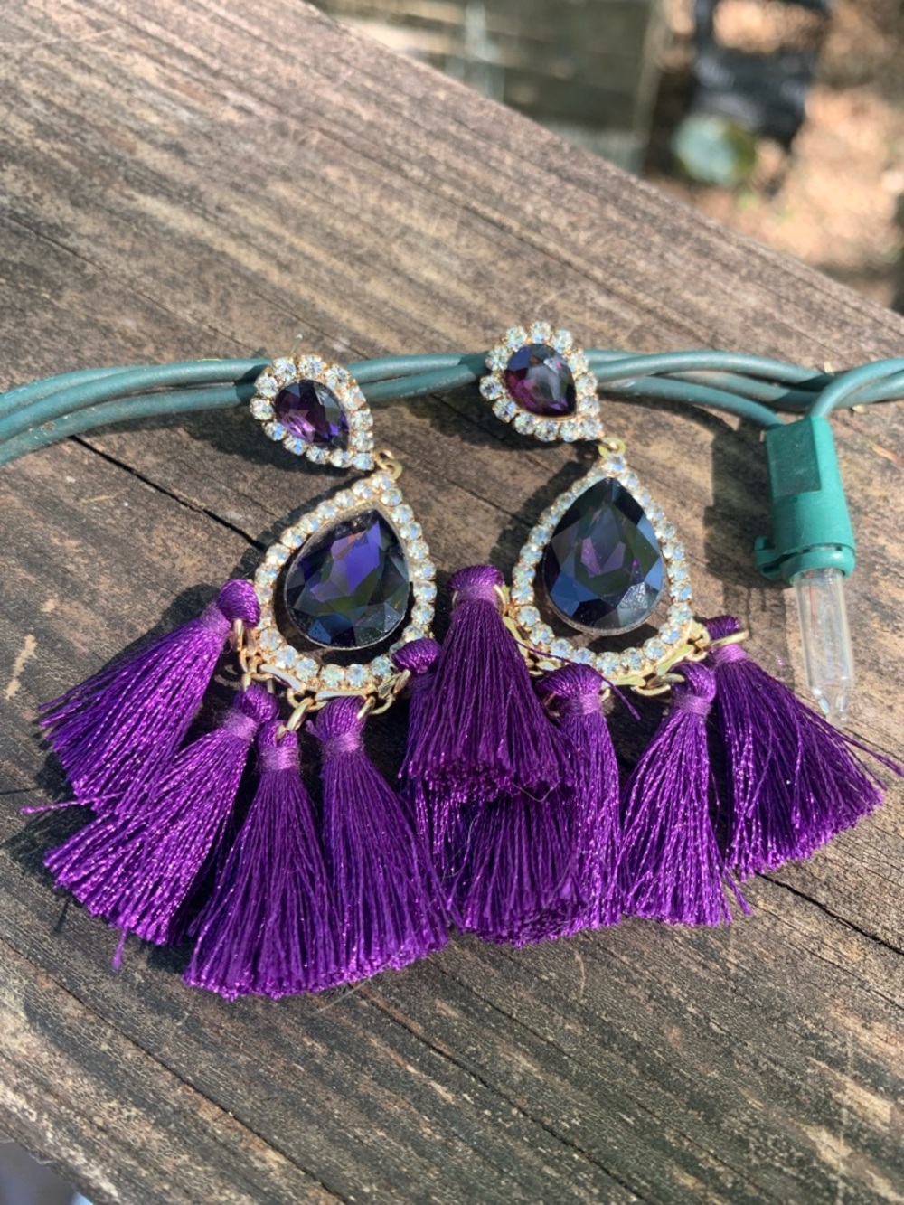 Purple Teardrop Tassel Earrings with Crystal Accents